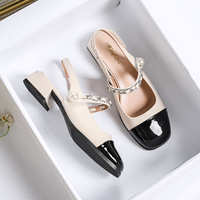 2024 Summer New Pearl Chain Sweet Mary Jane Shoes Women's French High Heel Colored Baotou Thick Heel Sandals