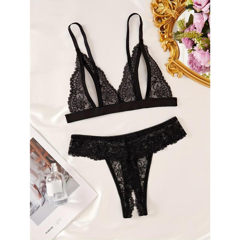 2026 Autumn and Winter Cross-Border Export New Floral Lace Intimates Set Open Cup Three