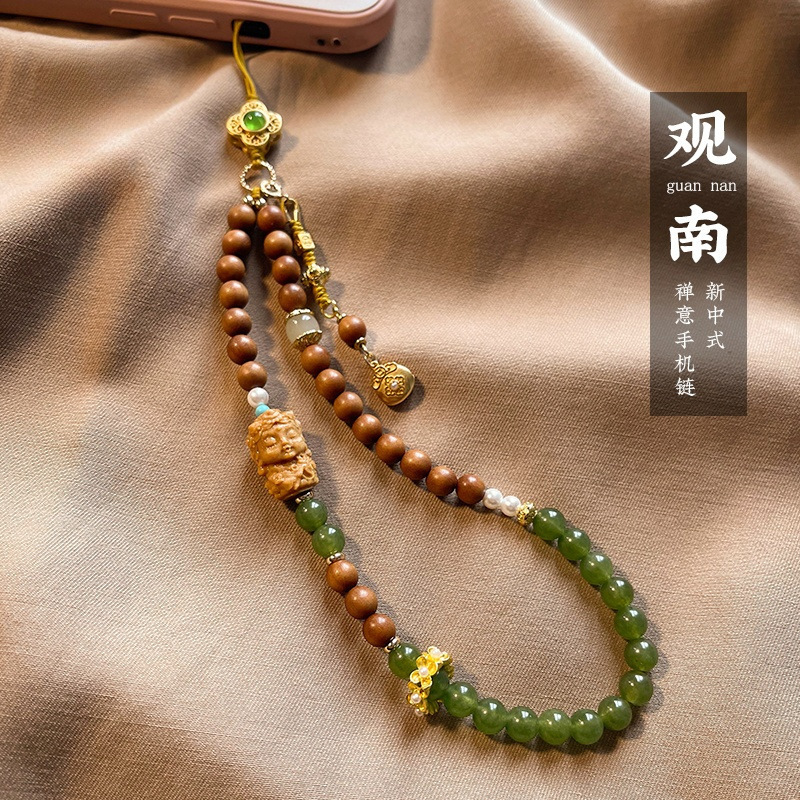 Exquisite Mobile Phone Chain, Chalcedony Sandalwood Mobile Phone Pendant, Lucky Bag, Wrist Style Anti-Lost Pendant, Chinese Style Retro