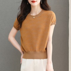 夏の新型丸首半袖tシャツ女性の洋風がゆったりしていて、薄いタイプのジャカードの氷のニットtシャツtシャツです。