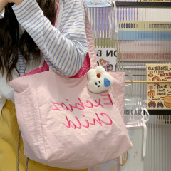刺绣字母双面可背托特包女2025新款百搭彩色布包通勤大容量单肩包