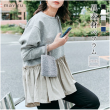 日系东南亚新款不规则下摆卫衣拼接宽松长袖套头T恤衫荷叶边上衣