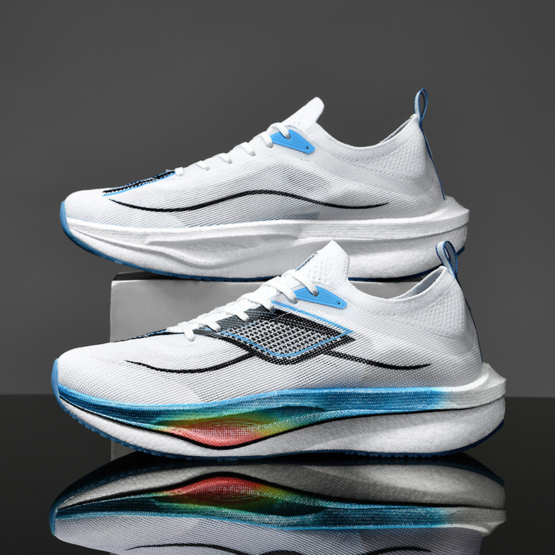 Zapatos de carreras de suela blanda superligera transpirables para hombres y mujeres, zapatos de carreras de carbono de fricción y sonido