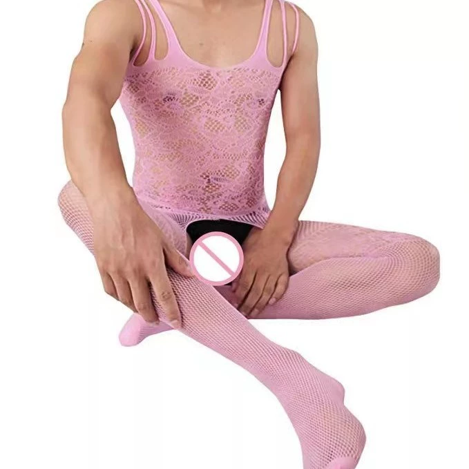 Cross -border men's erotic fishing net socks hollow see -through see -through knitted flowers