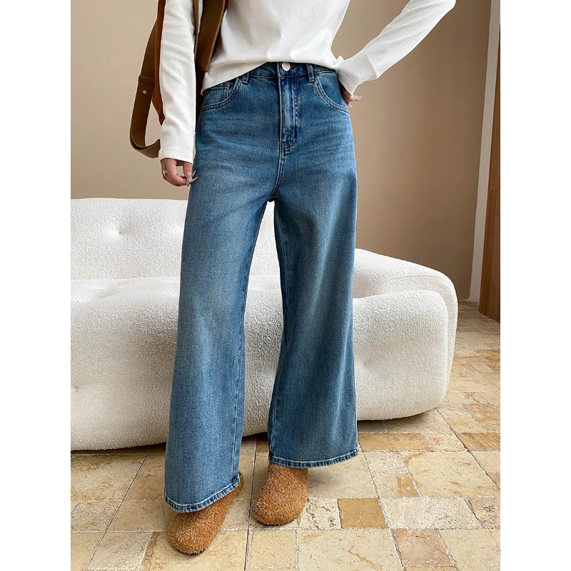 司南早秋新款法式博主风高级蓝阔腿宽松直筒牛仔裤显瘦