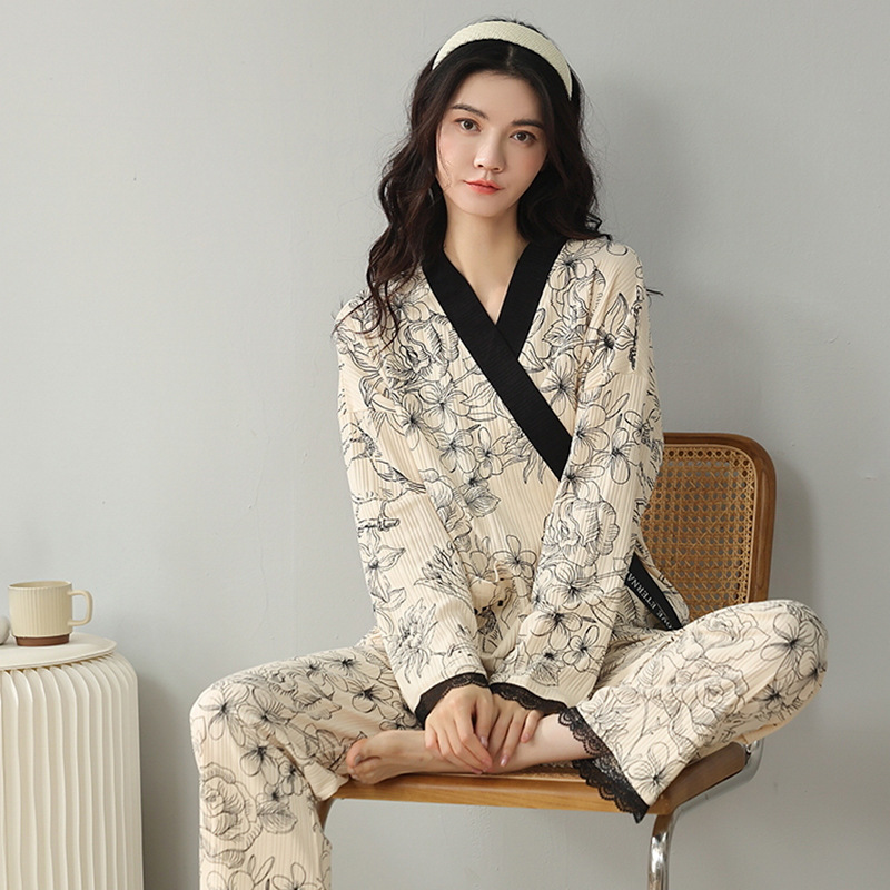 Deer Time Kimono Pajamas Women's Spring and Autumn Cotton Strap Long-sleeved Cardigan Summer Pregnant Women's Monthly Clothes Home Clothes Set