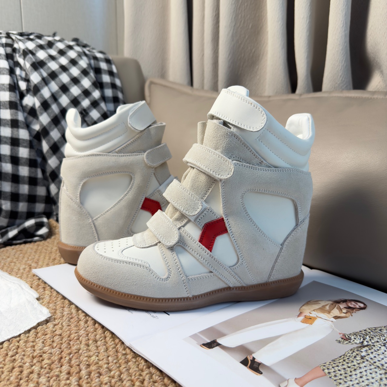 Factory Direct Delivery European and American Style New Style Velcro Invisible Inner Heightening Women's Shoes Wedge Heel Color Matching Sports and Leisure High-Top Shoes