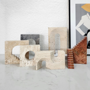 Light Luxury Natural Marble Yellow Travertine Geometric Arch Bookend Study Wine Cabinet Bedroom Living Room Desktop Bookend Ornaments
