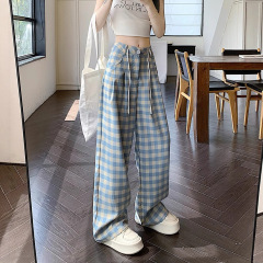 ドーパミンの青い格子のワイドパンツの女性の夏の新型のハイウエストはゆったりしていて、痩せています。