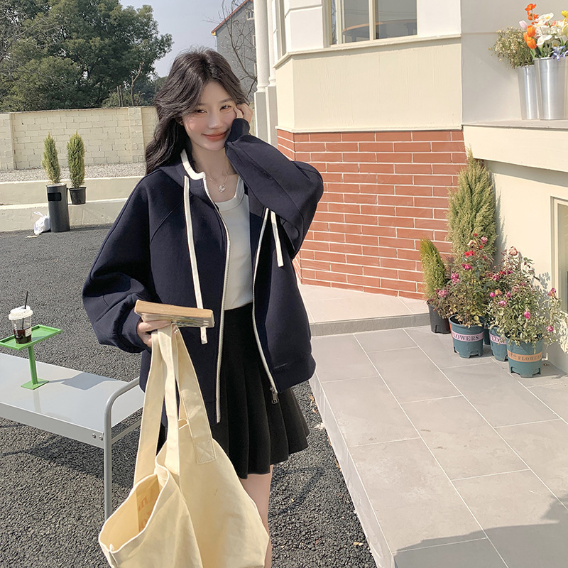 实拍撞色拼接连帽卫衣外套女2025春季新款学院风宽松休闲开衫上衣|undefined