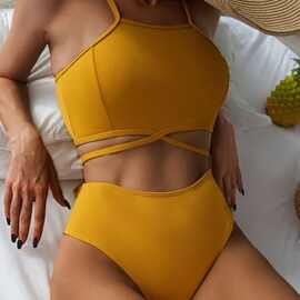 2022欧美纯色特殊面料小高腰性感比基尼bikini女士泳衣厂价直纯欲