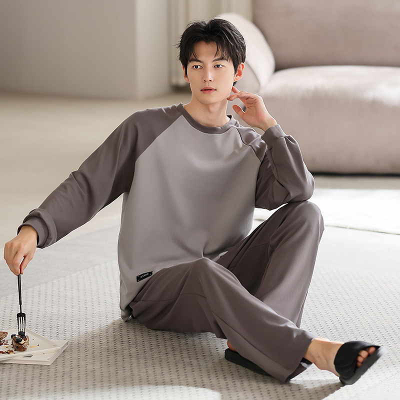Spring and Autumn Pajamas for Men, Imitation Cotton, Long-Sleeved and Long-Pants, Comfortable, Casual, Loose, Can Be Worn Outside, Home Wear, Large Size Set