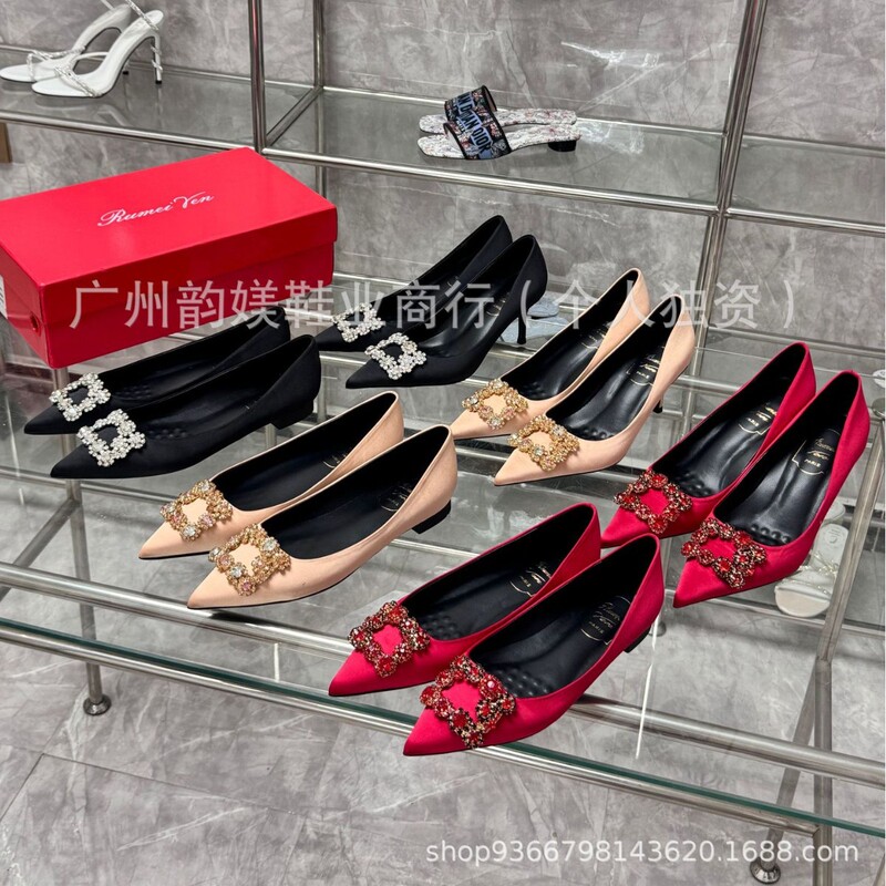 Real Shot of Rv Same Style Pointed Toe Snowflake Buckle Silk Satin Wine Glass and High Heels Wedding Shoes Banquet Sky-High Women's Large Size