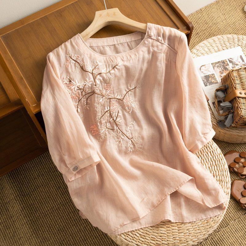 夏季圆领中袖刺绣衬衫上衣文艺复古宽松气质棉麻小衫薄2023新款潮
