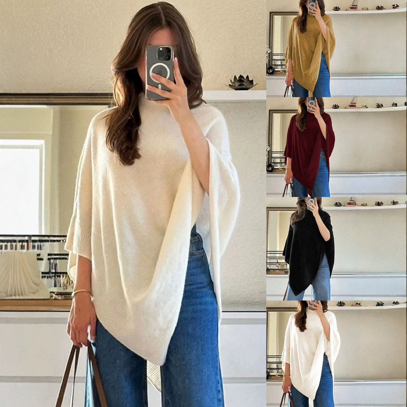 Bat Sleeve Wool Blend Fashion Women's Cape Large Shawl High Collar Solid Color Sweater Coat Cosplay Style Autumn and Winter New