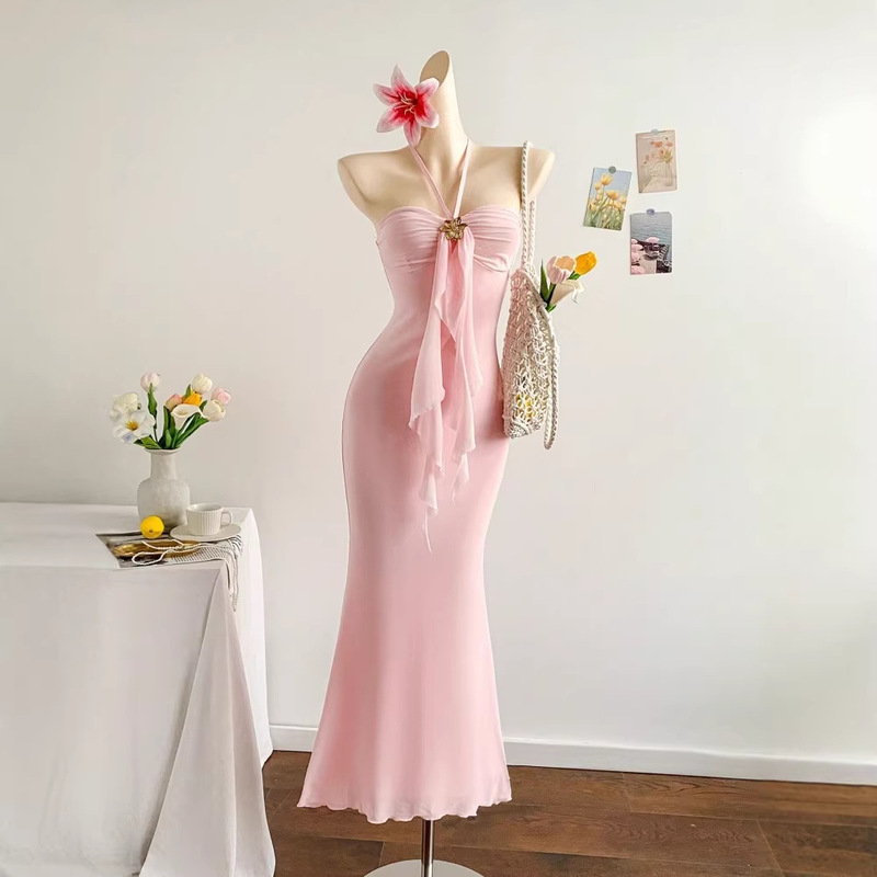 European and American Cross-Border Hot-Selling French-Style Pure Desire Halter Neck Mesh Metal Buckle Slim Fit Fishtail Sexy Slimming Dress
