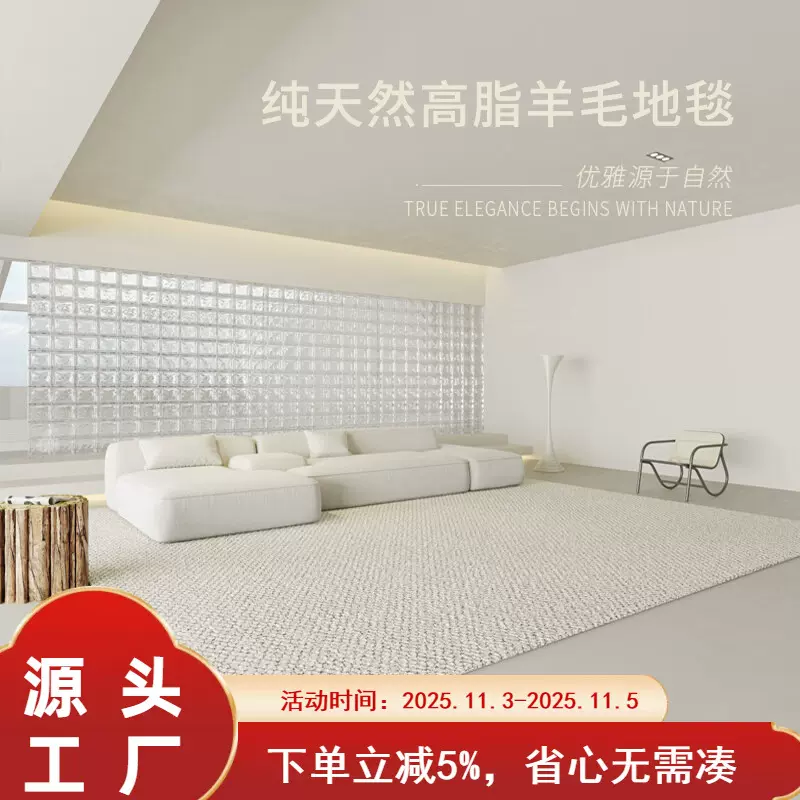 新西兰羊毛地毯客厅茶几纯色素色轻奢极简高级感白色卧室地垫整铺