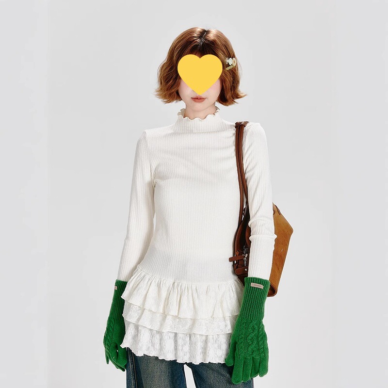 Girlyhalo Half Turtleneck Long-Sleeved T-Shirt Women's Autumn and Winter New Multi-Layered Lace Layered Slim Inner Layering Shirt