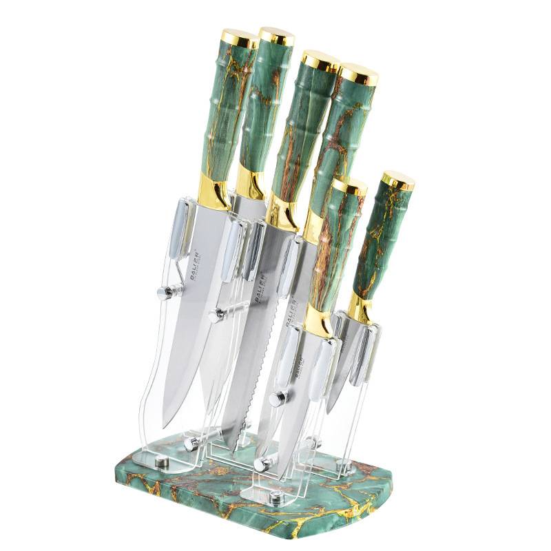 Conjunto de cuchillo de chef de siete piezas de acero inoxidable de doble galvanoplastia con mango de bambú, soporte de cuchillo afilado y duradero al por mayor