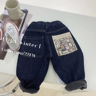 2025 New Boys' Velvet Thickened Jeans Soft Korean Children's Girls' Baby All-In-One Velvet Casual Pants Trendy