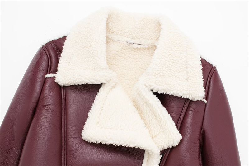 Vêtements pour femmes Automne et hiver veste de moto à revers double face pour femmes à la mode taille haute slim court haut à glissière de couleur contrastée_voghion.com