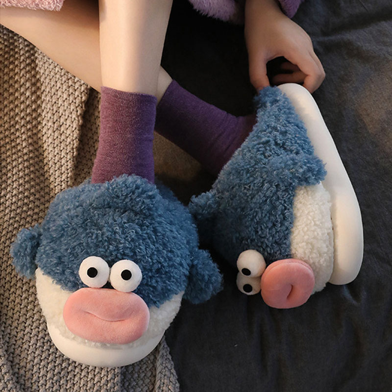 Cartoon Cotton Slippers for Women, Cute Male Pufferfish Couple Indoor Soft Bottom Thickeneded Winter Warm Non-Slip Furry Slippers for Men