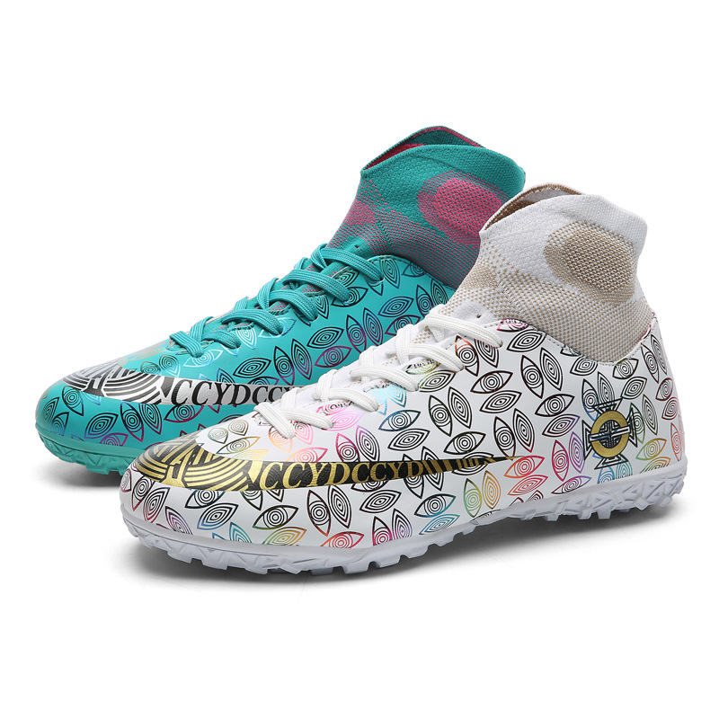 Zapatos de fútbol transfronterizos al por mayor resistentes al desgaste transpirable de color de Pato Mandarín alto-top antideslizante casual corto hierba de uñas zapatos de entrenamiento para niños