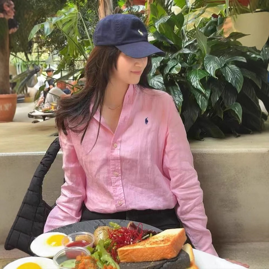 Laf Horse Logo Embroidered Linen Shirt Top with Button-Down Polo Collar, Versatile, Fashionable, Casual, Long-Sleeved, Fresh Style for Women