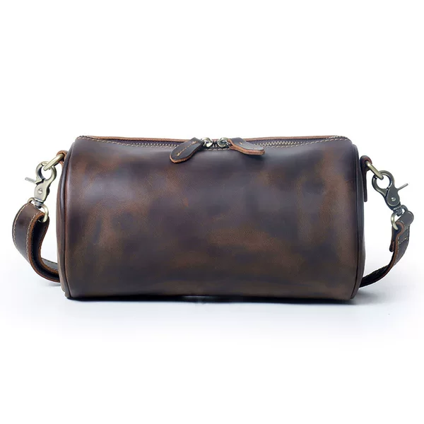 New Retro Genuine Leather Men's Bag Casual Simple Shoulder Bag Cylindrical Bag Men's and Women's Crossbody Bag Cowhide Messenger Bag