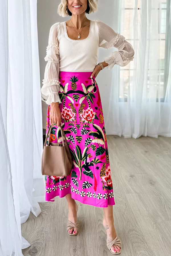 161g Weight Knee-Length Dress Length Type Skirt Dresses Type Summer Vacation Plant Flower Polyester Knee-Length Skirts