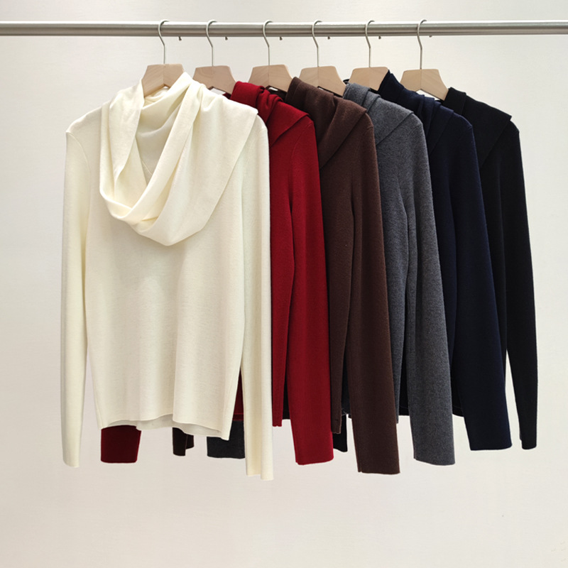 冬季飘带围脖长袖针织衫高领层次感毛衣时尚6羊毛慵懒风针织上衣