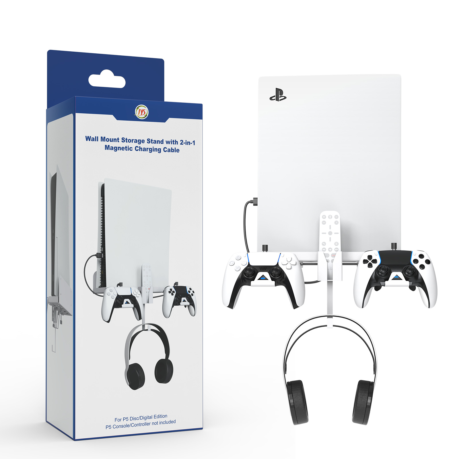 Soporte de pared para consola PS5 compatible con consola PS5 con asa, cable de carga y accesorios de juego.
