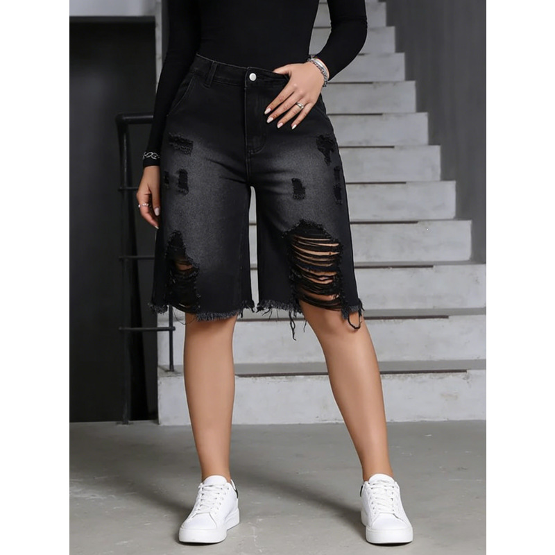 Women's Jeans, American Casual Style, Black, Non-Elastic, Ripped, Loose, Versatile Denim Shorts, Suitable for Spring and Summer, European and American Style Women's Jeans, American Casual Style, Black, Non-Elastic, Ripped, Loose, Versatile Denim Shorts, Suitable for Spring and Summer, European and American Style
