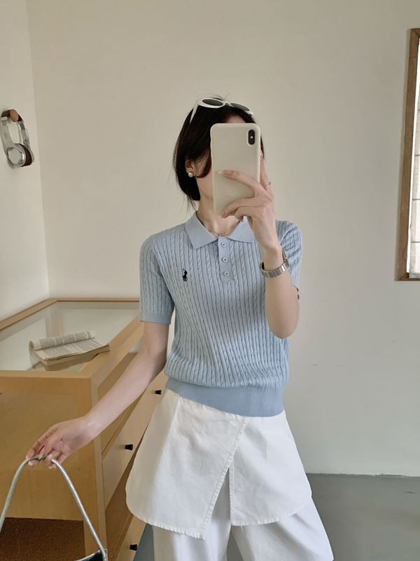 桑蚕丝+美丽诺羊毛短袖翻领气质薄款上衣女2025夏新款麻花针织衫|undefined