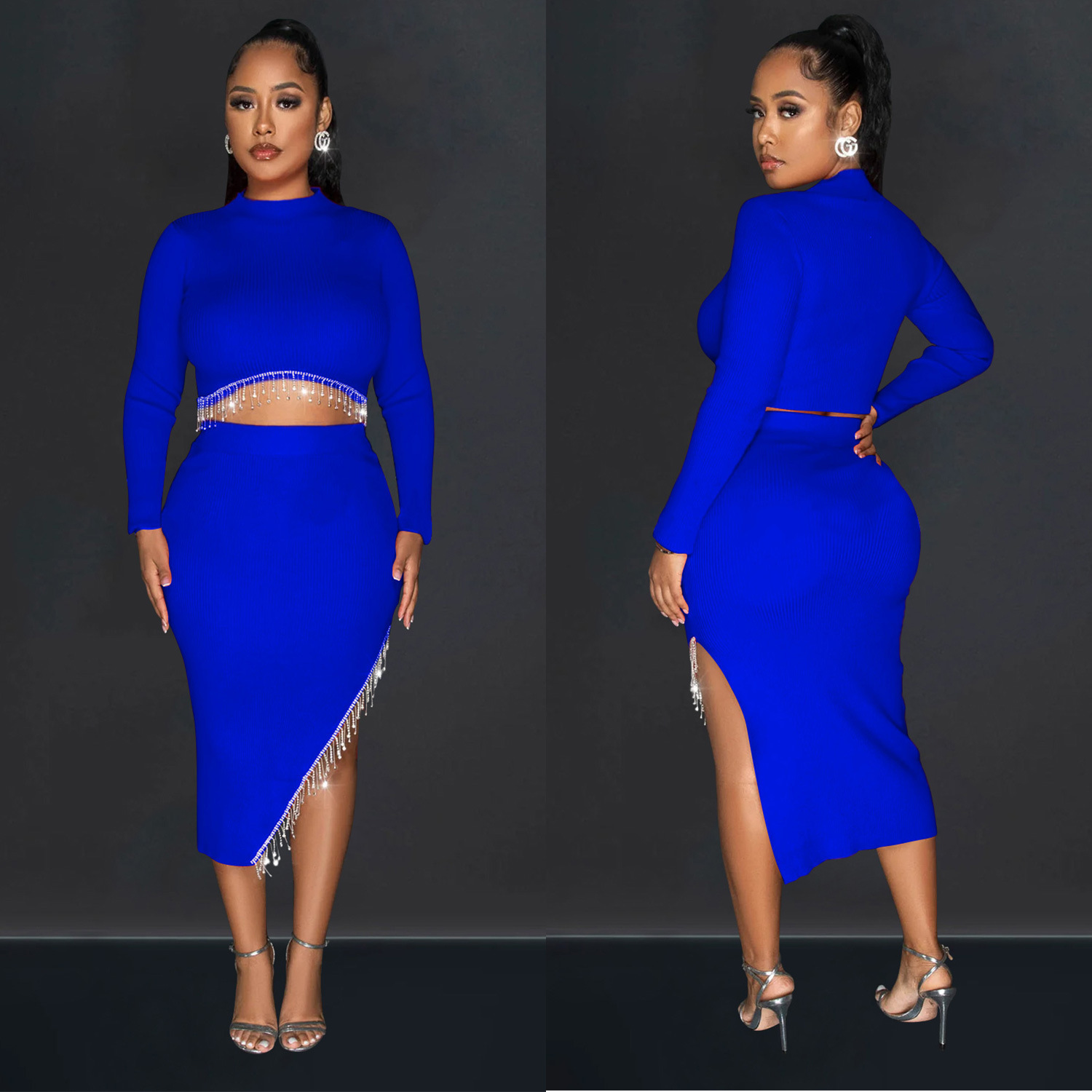 C6829 transfronteriza AliExpress Amazon ropa de mujer de moda europea y americana color sólido manga larga ombligo vestido conjunto de dos piezas para mujeres