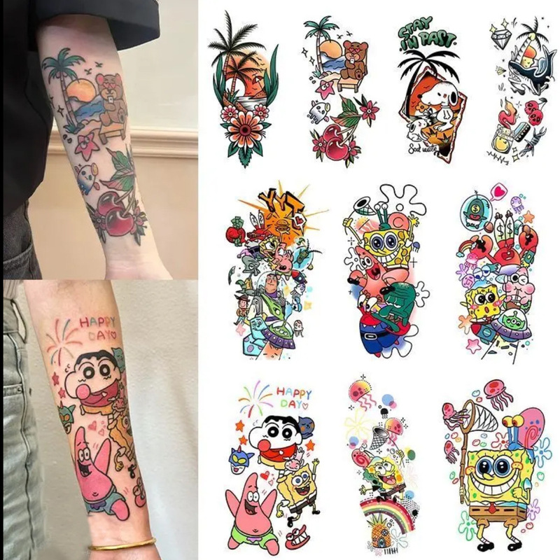 New Summer American Style oldschool Mosaic Carto Flower Arm Tattoo Sticker Waterproof Long-lasting Realistic Color Sticker