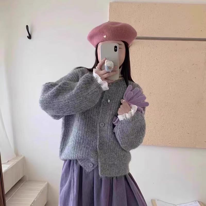 Southeast Asia Cross-Border New Round Neck Single-Breasted Sleeves Spliced ​​Lace Loose Long-Sleeved Plush Knitted Cardigan