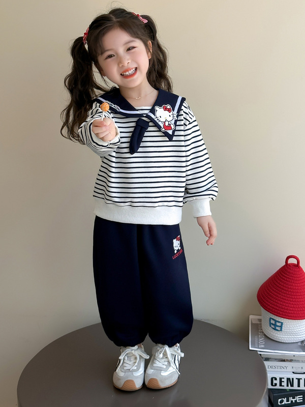 女小童秋季条纹海军领绣花猫咪套装幼儿园宝宝休闲卫衣裤两件套潮|undefined