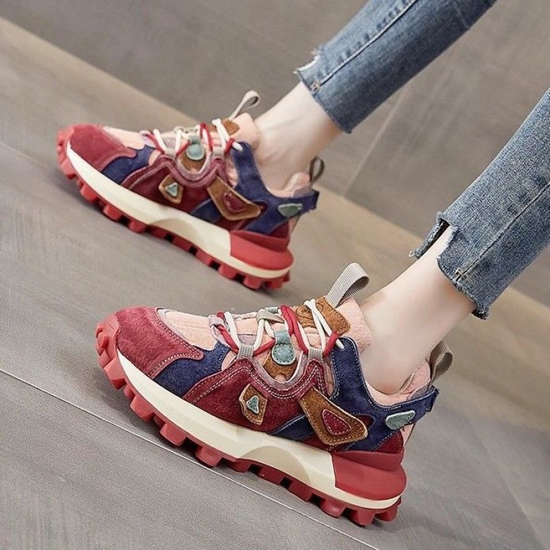 Retro Color-Blocked Dad Shoes for Women 2025 Autum New Thick-Soled Foot-Showing European Goods Popular Sports Moral Training Forrest Gump Shoes