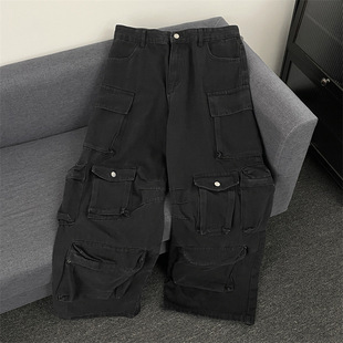 Multi-Pocket Functional Cargo Jeans for Men, American Street Style, Heavy-Duty Washed, Loose Retro Wide-Leg High Street Pants