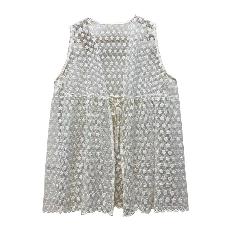 Dulce fresco bordado color sólido camisa hueca suelta casual apilado sin mangas encaje Top cardigan todo-juego