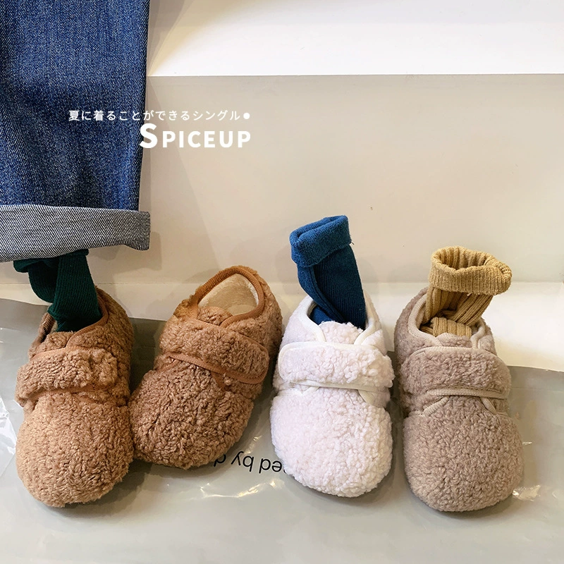 Корейские осенне-зимние детские туфли, меховые туфли для девочек, хлопковые туфли для детей, двухслойные хлопковые туфли для мальчиков, теплые и подходящие для носки на улице.
