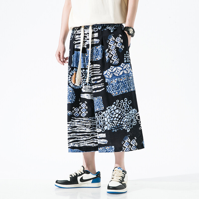 New 2025 Men's Summer Chinese Style Wide-Leg Cropped Pants Men's Floral Thin Large Size Men's Casual Beach Pants