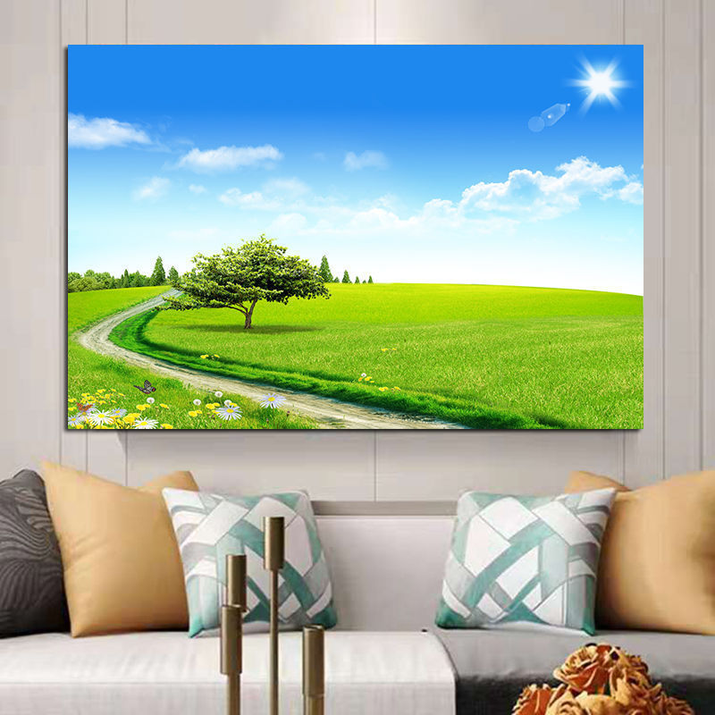 大自然风景画草原海报大树蓝天白云图卧室挂画居家装饰墙贴自粘画
