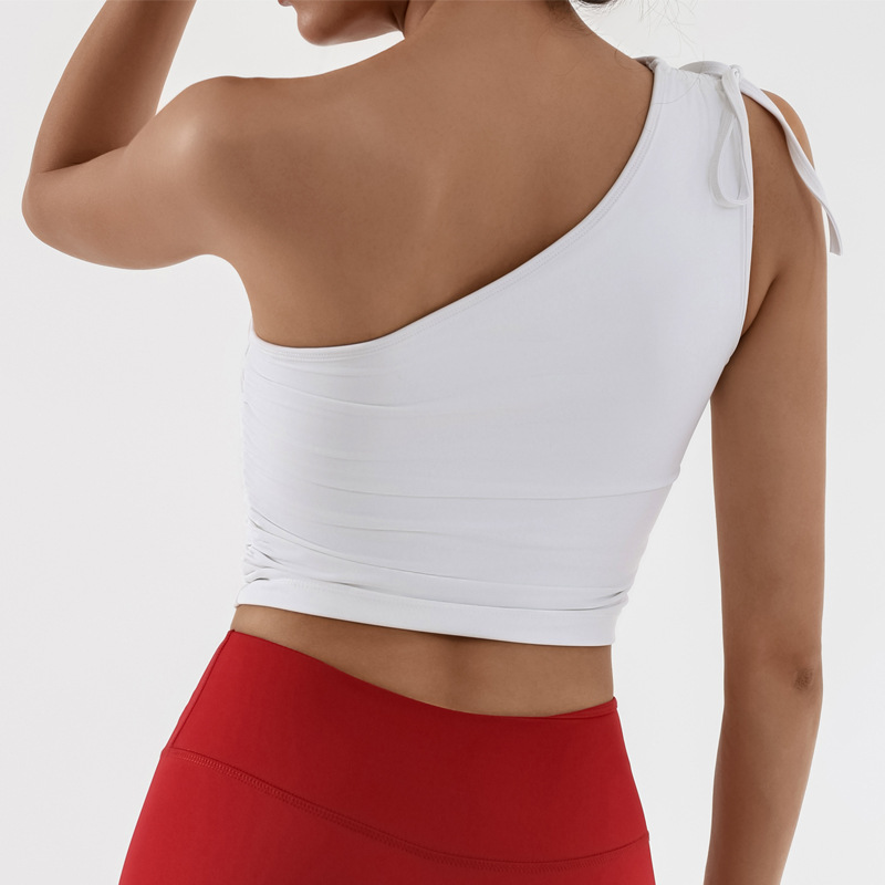 Nuevo chaleco de yoga para mujer plisado de un solo hombro con almohadilla para el pecho