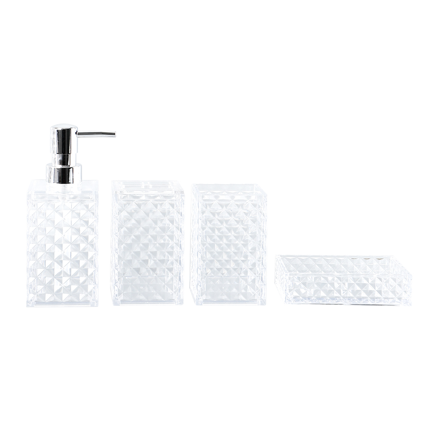 Cuarto de baño de plástico de cuatro piezas de diamante transparente Plaid fábrica al por mayor lavado baño enjuague bucal cepillo titular de cuatro piezas conjunto