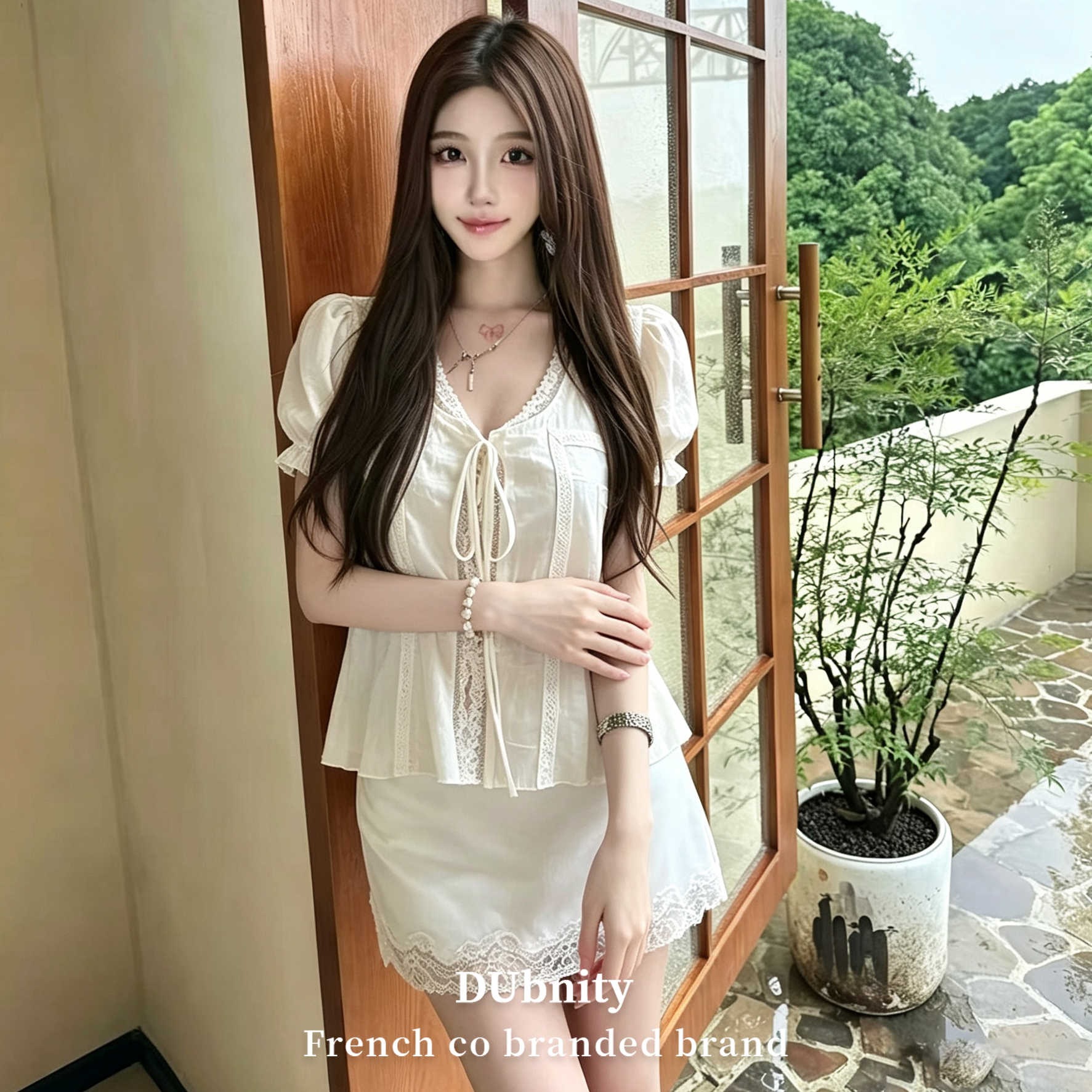 zj822夏季蕾丝方领泡泡袖短袖衬衫女法式系带收腰显瘦独特漂亮小