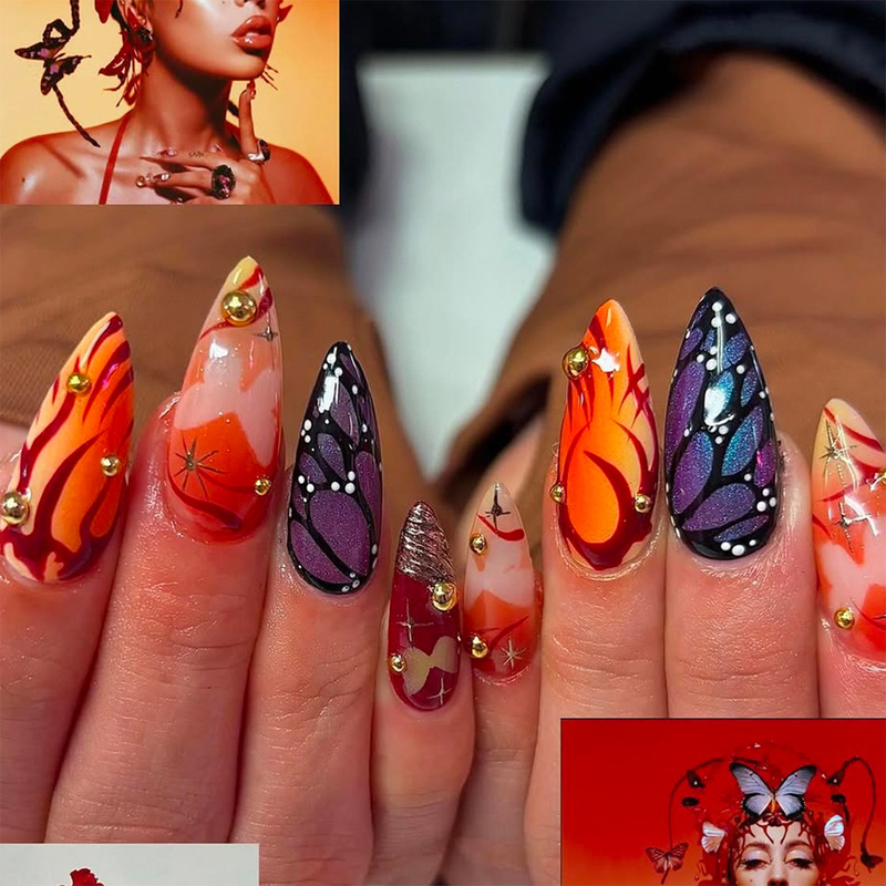 24 Pieces of Long Almond-Shaped Press-On Nails for Export, Butterfly Design, Autumn Hot-Selling in Europe and America, Red-Brown Striped Cross-Border Hot-Selling Nail Tips 24 Pieces of Long Almond-Shaped Press-On Nails for Export, Butterfly Design, Autumn Hot-Selling in Europe and America, Red-Brown Striped Cross-Border Hot-Selling Nail Tips