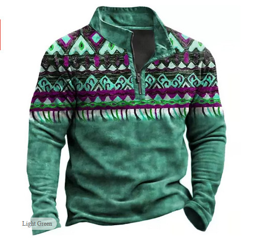 Polo de manga larga con media cremallera, estilo étnico, estampado en 3D, estilo europeo y americano, para venta transfronteriza