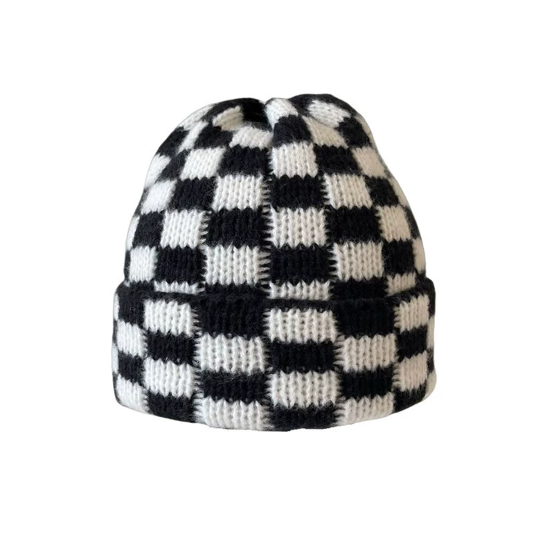 Demi-season double-layer chess, universal keep warm woolen knitted hat, increased thickness, oversize
